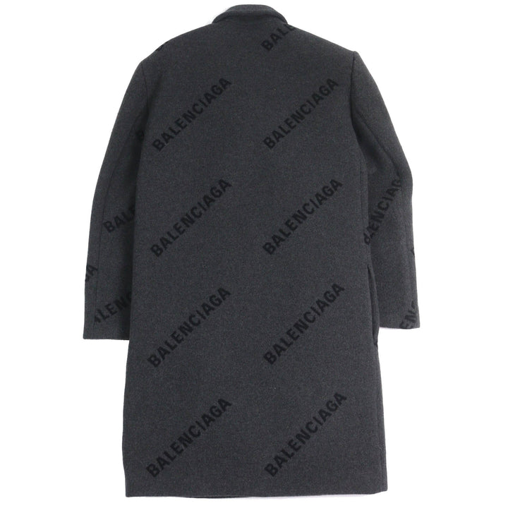 極美品△BALENCIAGA バレンシアガ 595272 SHIFTED COAT カシミヤ100％ ロゴ総柄 ロング コート チャコールグレー 46 伊製 正規品 メンズ