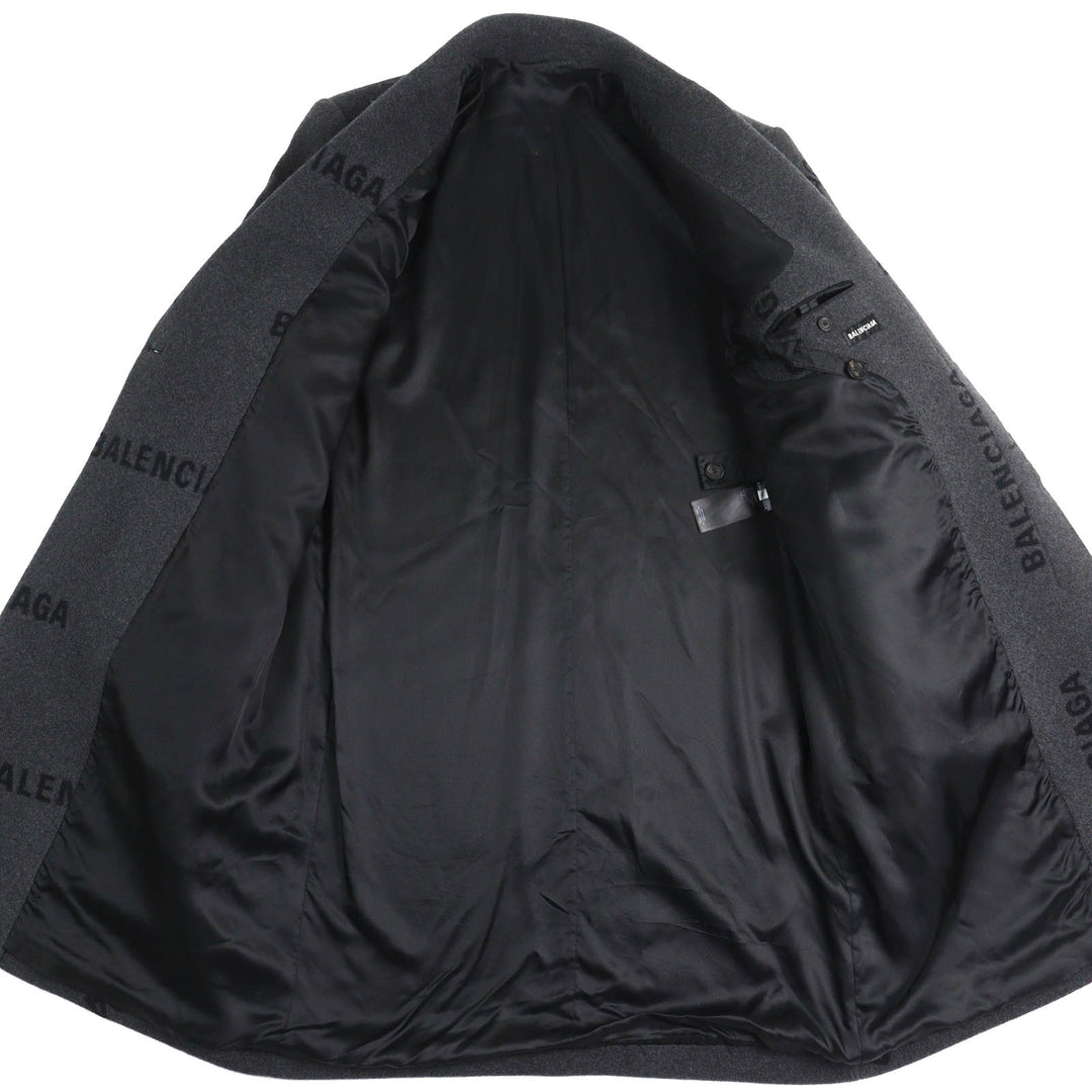 極美品△BALENCIAGA バレンシアガ 595272 SHIFTED COAT カシミヤ100％ ロゴ総柄 ロング コート チャコールグレー 46 伊製 正規品 メンズ