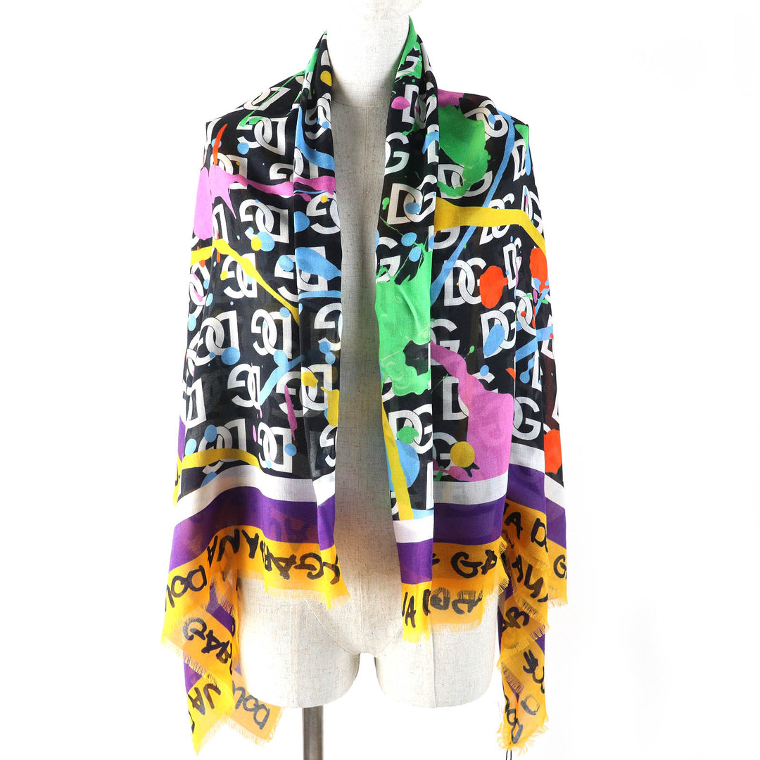 未使用品△DOLCE&amp;GABBANA ドルチェ＆ガッバーナ 黒タグ モダール カシミヤ DGロゴ 総柄 ミニフリンジ ショール ストール マルチ 正規品