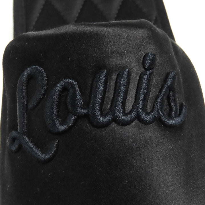 極美品△LOUIS VUITTON ルイヴィトン LVスイートライン ロゴ刺繍 サテン スリッパ ルームシューズ ブラック 38-39 保存袋付き イタリア製