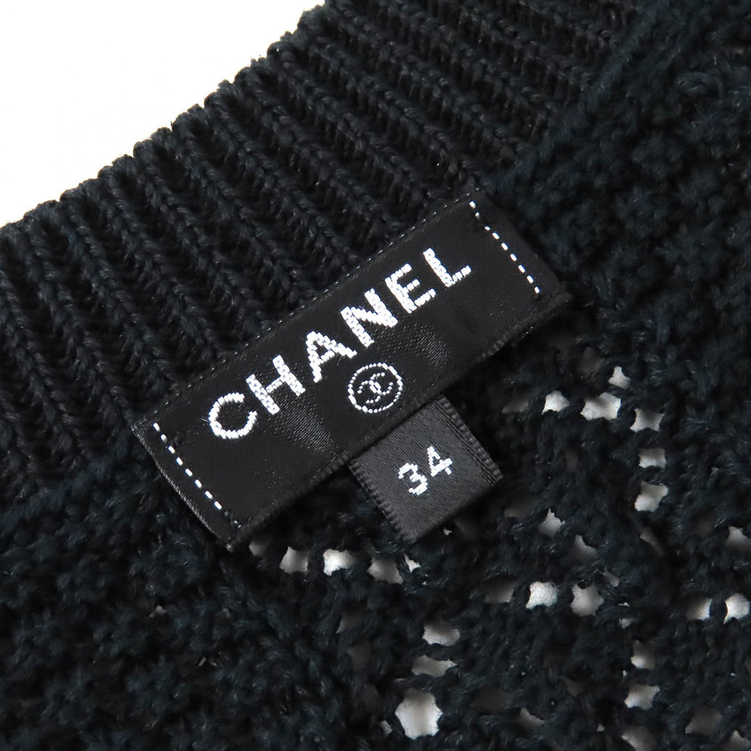 美品△CHANEL シャネル P58547 コットン100％ クリアココマークボタン 透かし編み Vネック ニット ワンピース ネイビー 34 伊製 正規品