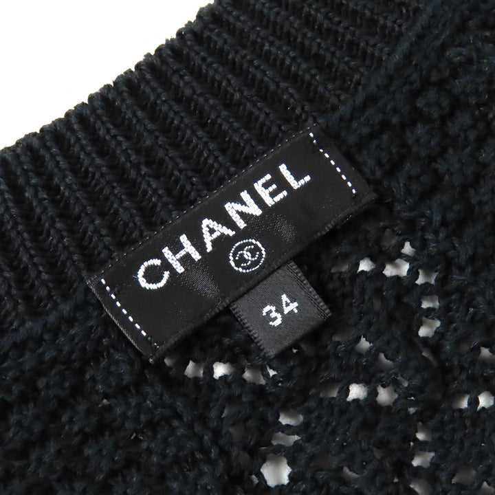 美品△CHANEL シャネル P58547 コットン100％ クリアココマークボタン 透かし編み Vネック ニット ワンピース ネイビー 34 伊製 正規品