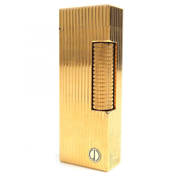良品△Dunhill ダンヒル ロゴ刻印 ストライプ柄 スクエア ローラー式 ガスライター 喫煙グッズ ゴールド メンズ 着火確認済み
