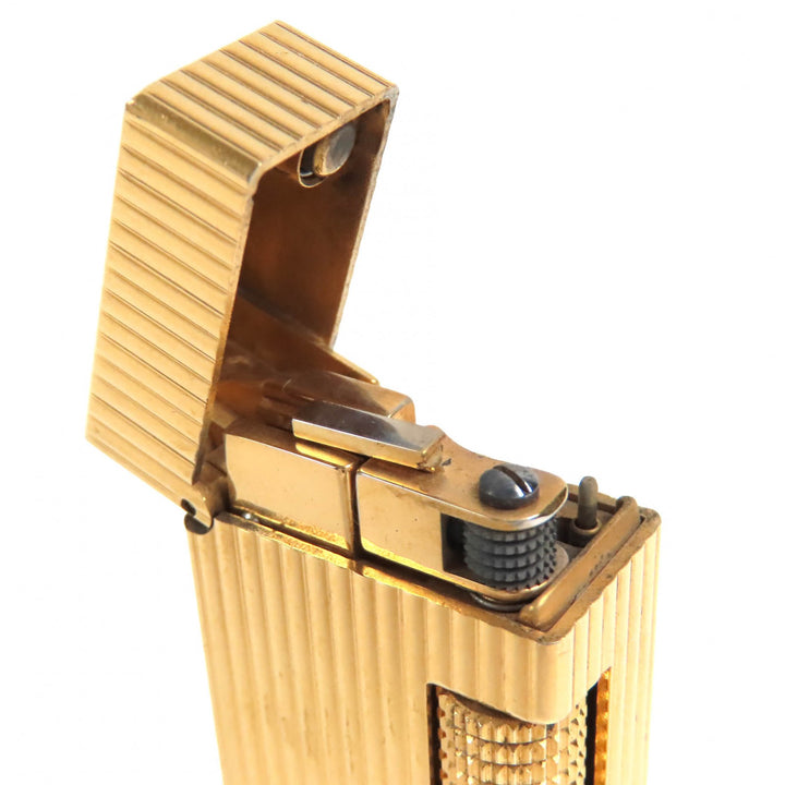 良品△Dunhill ダンヒル ロゴ刻印 ストライプ柄 スクエア ローラー式 ガスライター 喫煙グッズ ゴールド メンズ 着火確認済み