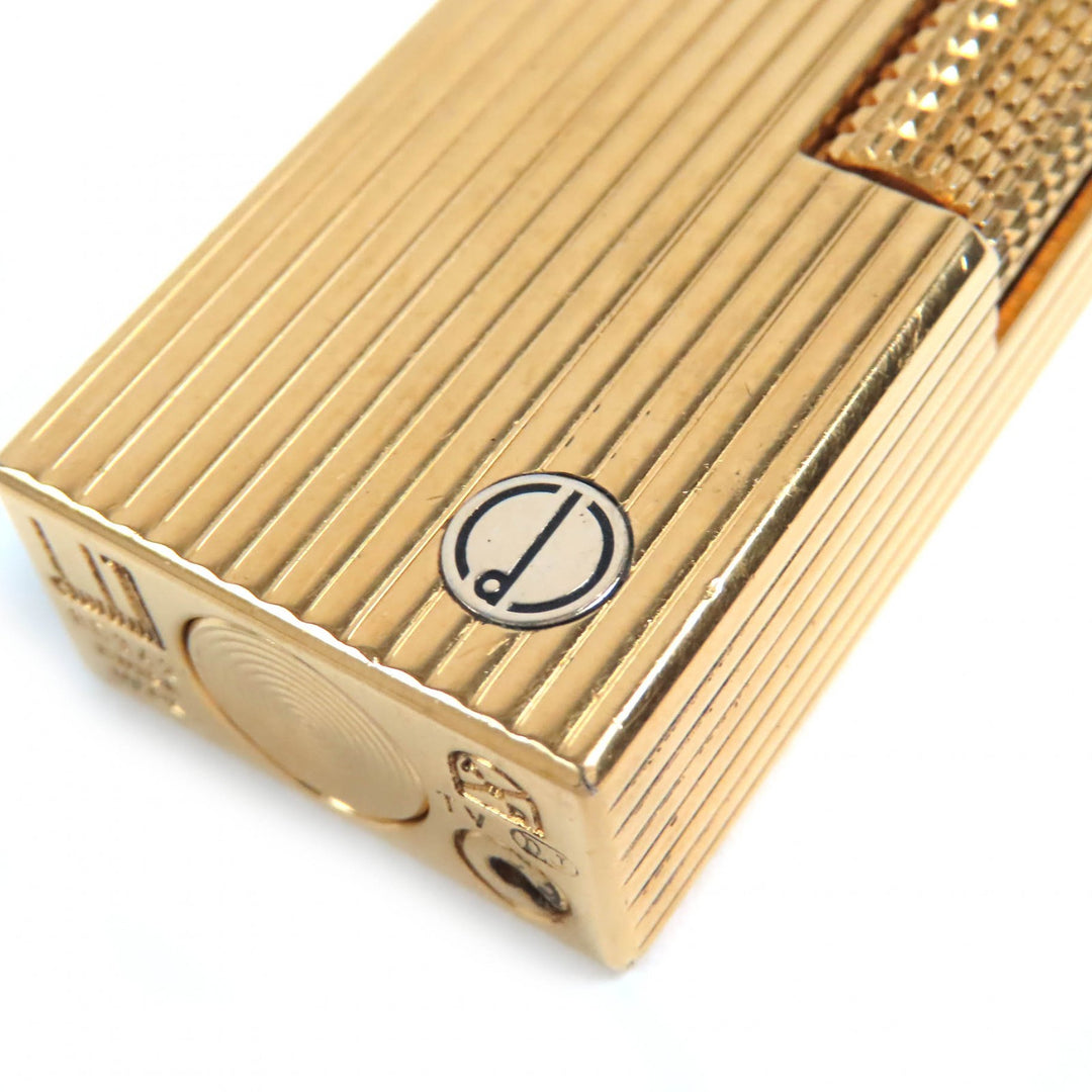 良品△Dunhill ダンヒル ロゴ刻印 ストライプ柄 スクエア ローラー式 ガスライター 喫煙グッズ ゴールド メンズ 着火確認済み