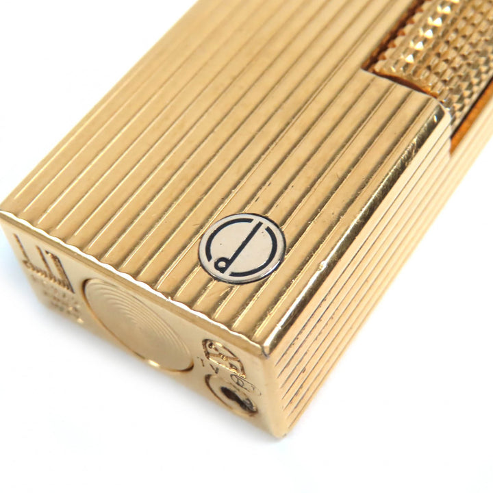 良品△Dunhill ダンヒル ロゴ刻印 ストライプ柄 スクエア ローラー式 ガスライター 喫煙グッズ ゴールド メンズ 着火確認済み