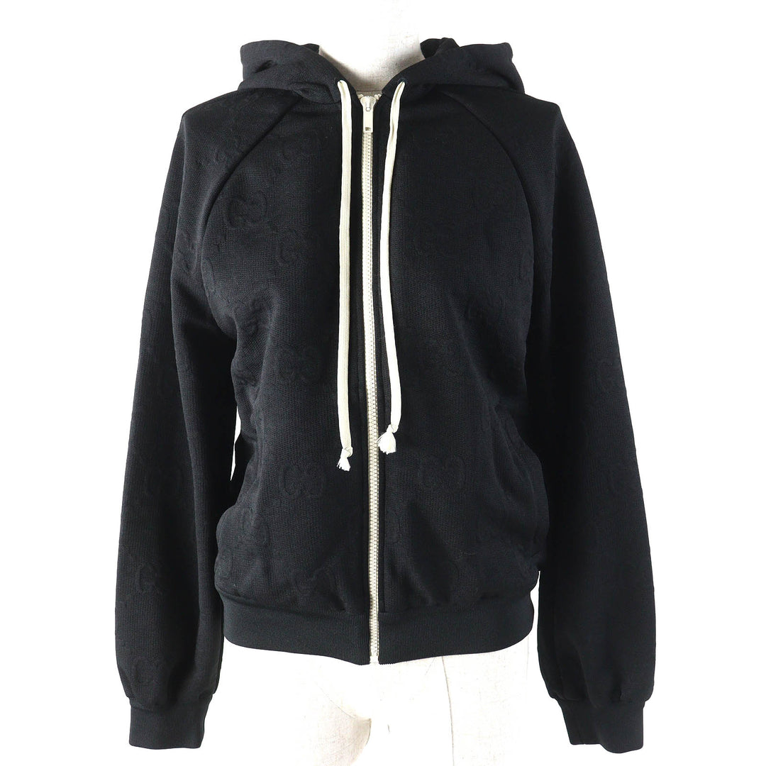 極美品△GUCCI グッチ 661783 GGエンボス GGロゴジャージージャカード ジップアップ フーディー オーバーサイズ パーカー 黒 XS 正規品