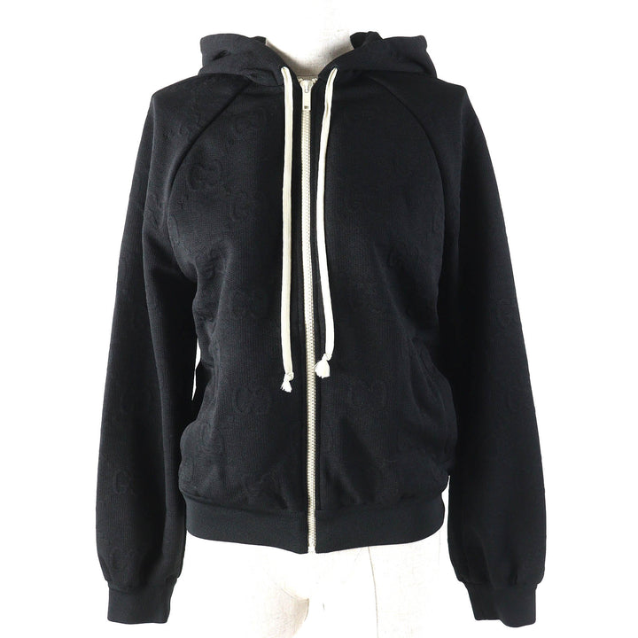 極美品△GUCCI グッチ 661783 GGエンボス GGロゴジャージージャカード ジップアップ フーディー オーバーサイズ パーカー 黒 XS 正規品