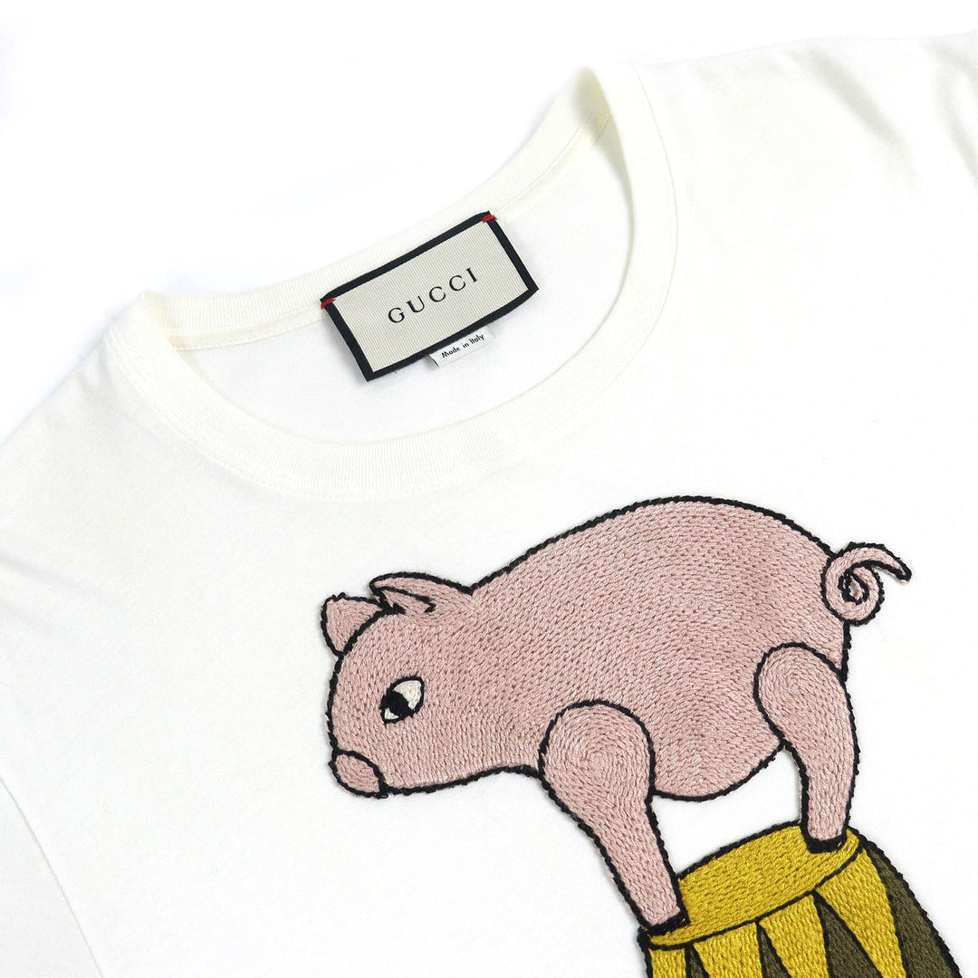 美品△GUCCI グッチ 615044 コットン100％ EQUILIBRIUM ピッグ刺繍 クルーネック 半袖Ｔシャツ オフホワイト マルチカラー XXS 正規品
