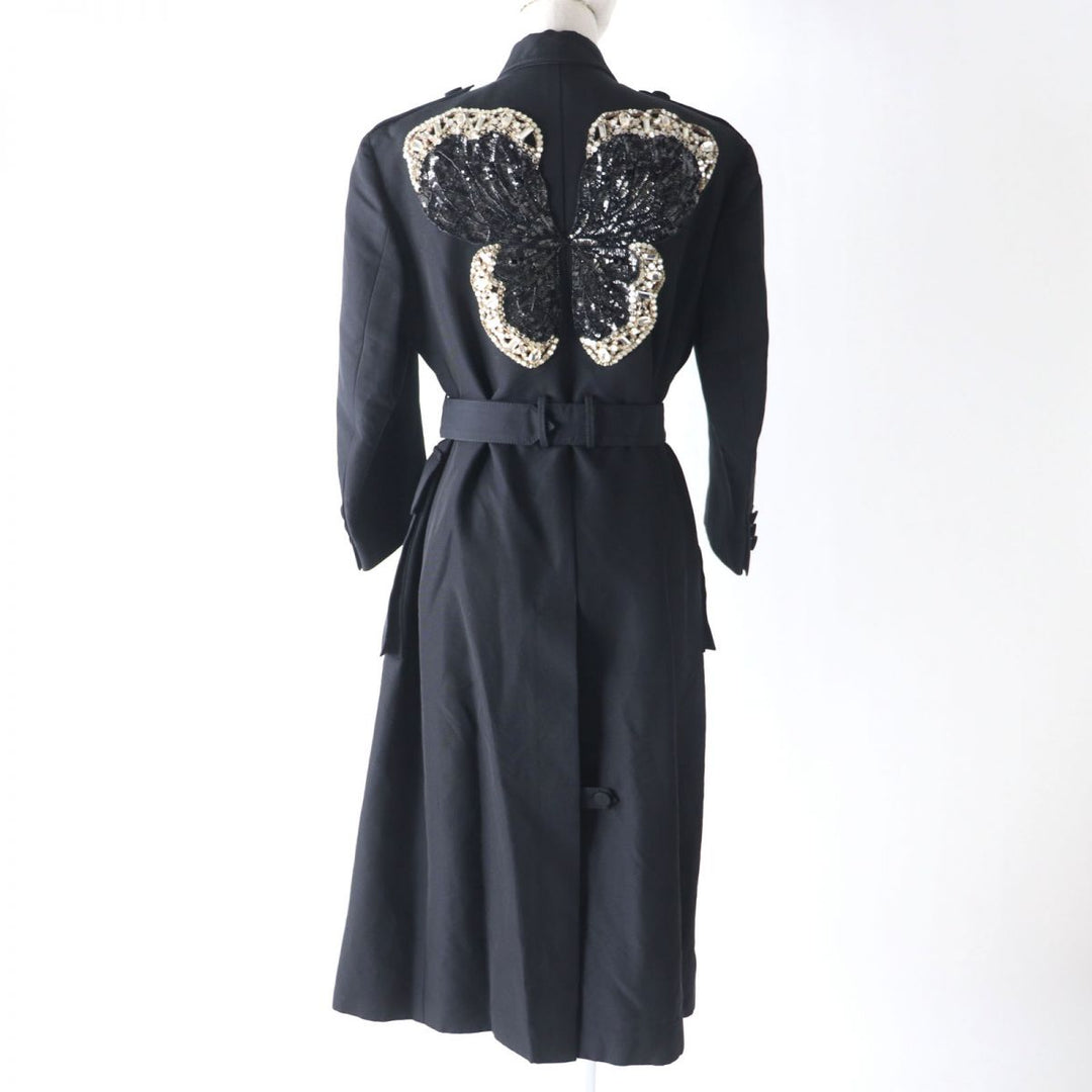 極美品★2020年 正規品 GUCCI グッチ 619324 ビジュー装飾 裏地GG柄 ロング丈 ベルテッドコート レディース 黒 伊製