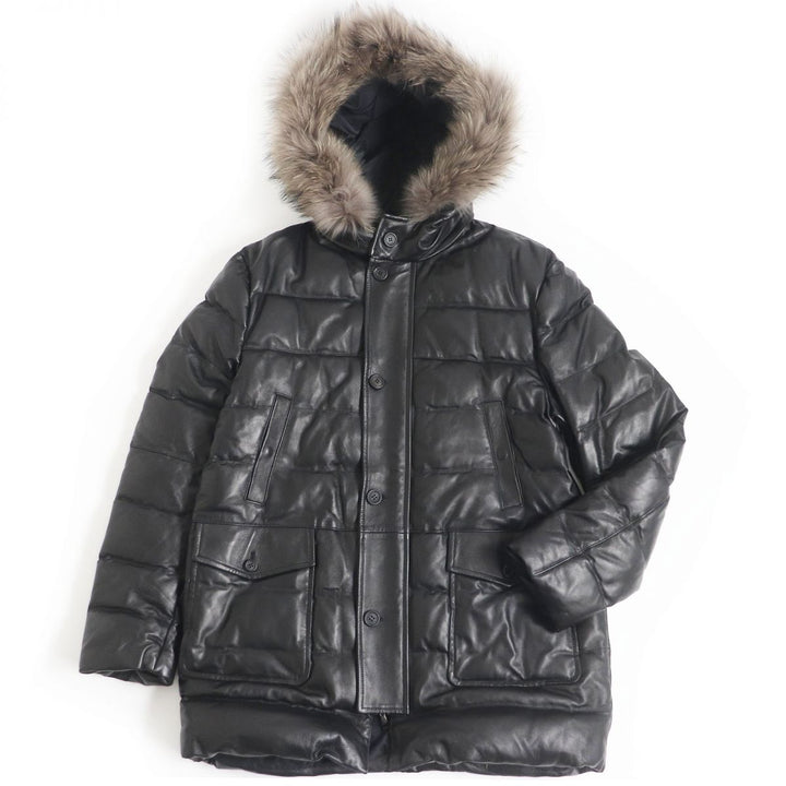極美品□20AW エンメティ ティアゴ ラムナッパシルクレザー ラクーンファーフード レザーダウンコート 黒 52 正規品