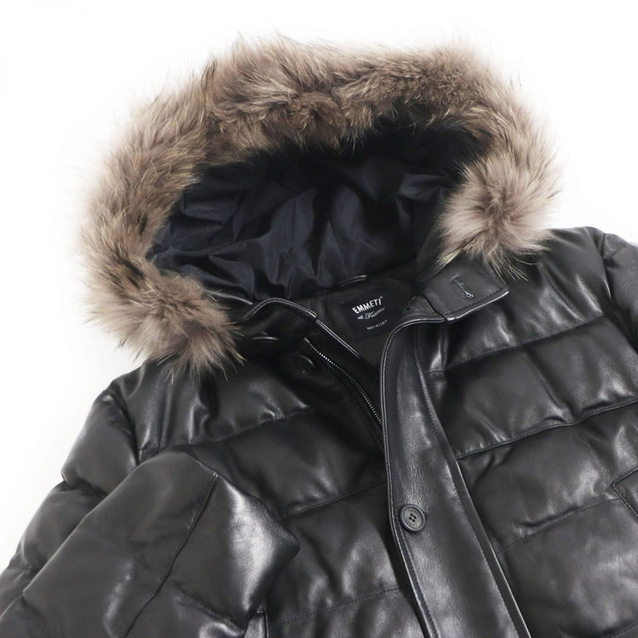極美品□20AW エンメティ ティアゴ ラムナッパシルクレザー ラクーンファーフード レザーダウンコート 黒 52 正規品